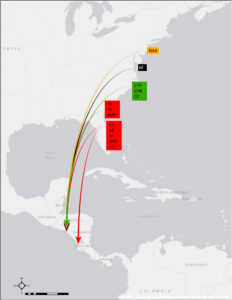 Map of American Oystercatcher banded in the East Coast of the United States and re-sighted in the Gulf of Fonseca and Costa Rica in Central America