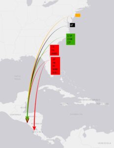 Map of American Oystercatcher banded in the East Coast of the United States and re-sighted in the Gulf of Fonseca and Costa Rica in Central America.