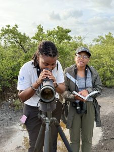 Two people standing by a scope looking for birds