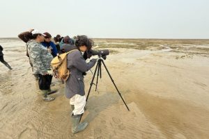 Students on a beach looking through binoculars and spotting scope
